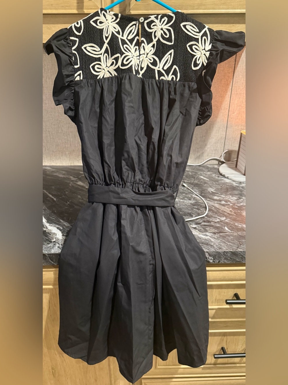 Black Midi Dress with Floral Smocked Yoke - Picture 5 of 5